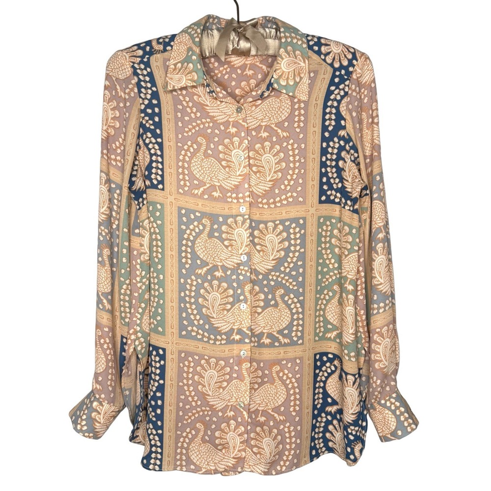 Rose + Olive S Peacock Print Button Up Whimsical Artsy Cottage Academic Neutral
